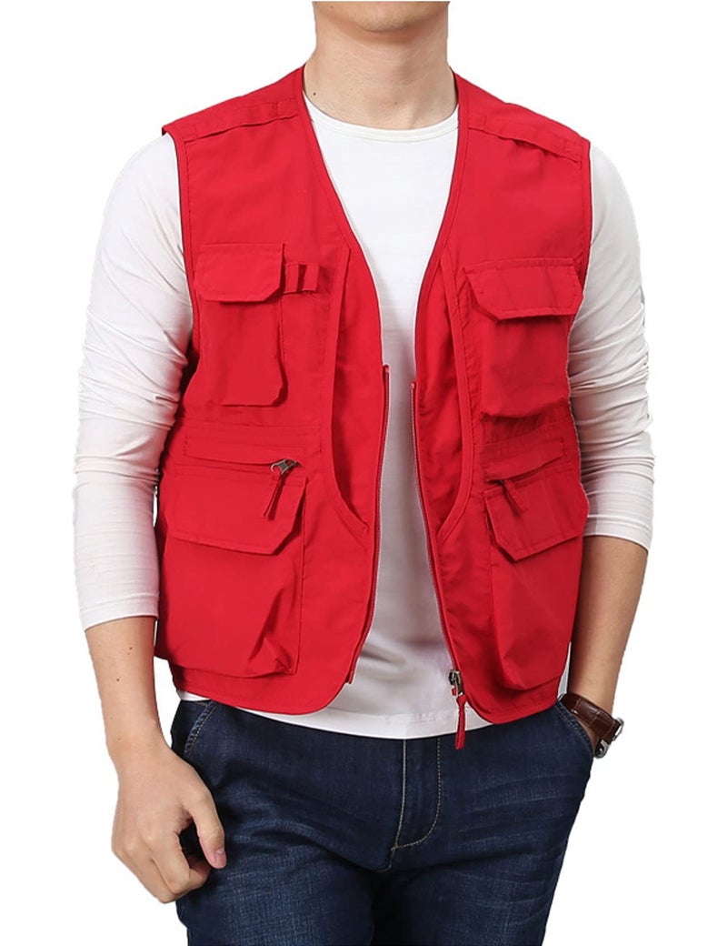 سترة عمل خارجية للرجال من فلايجو مع جيوب للصيف والصيد والسفاري والسفر باللون الأحمر مقاس XS