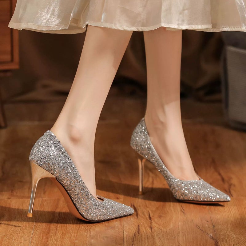 Pumps Pointed Toe Stiletto Silver Women's Shoes - Image 4