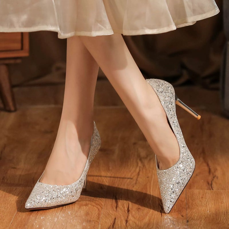 Pumps Pointed Toe Stiletto Silver Women's Shoes - Image 3