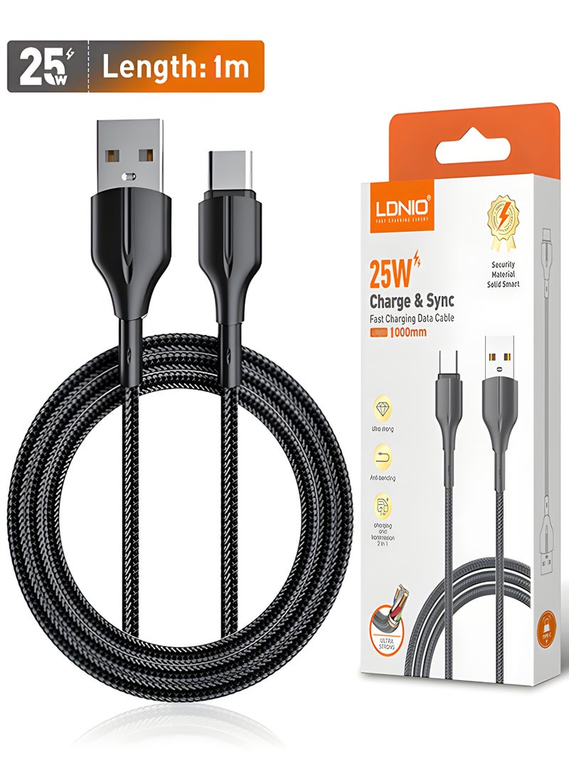 لدنيو كابل LDNIO USB-A إلى Type-C للشحن السريع ونقل البيانات 25 واط بطول 1 متر – كابل PVC مضفر متين - Image 1