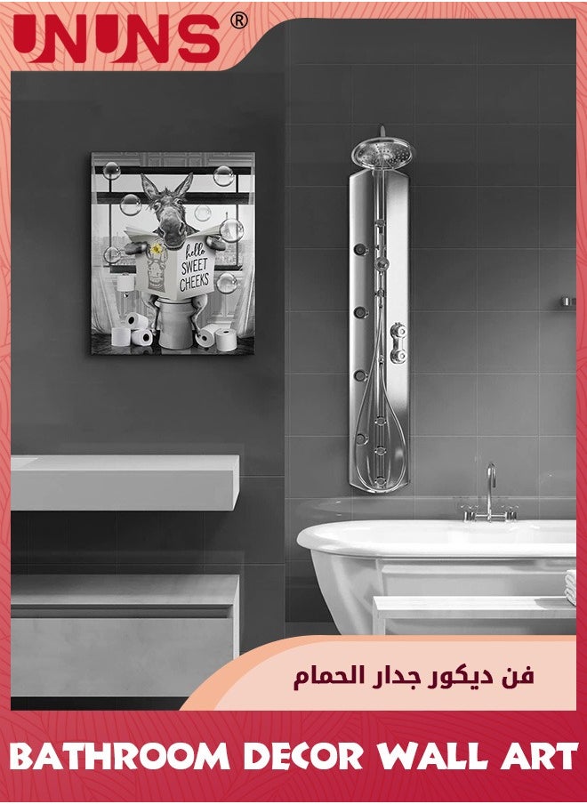 UNUNS لوحة فنية جدارية، ديكور حمام مزرعة، لوحة فنية جدارية من القماش، صور حمار مضحكة، لوحة فنية جدارية من القماش، حمار جالس في المرحاض يقرأ صحيفة للحمام، عمل فني للحيوانات، مؤطر 30 × 42 سم  - Image 4