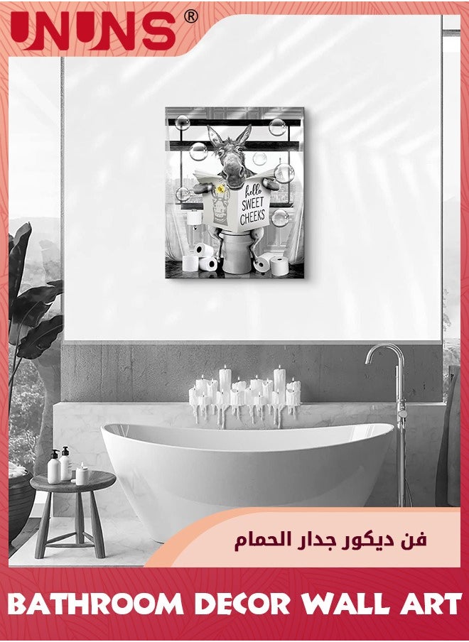 UNUNS لوحة فنية جدارية، ديكور حمام مزرعة، لوحة فنية جدارية من القماش، صور حمار مضحكة، لوحة فنية جدارية من القماش، حمار جالس في المرحاض يقرأ صحيفة للحمام، عمل فني للحيوانات، مؤطر 30 × 42 سم  - Image 5