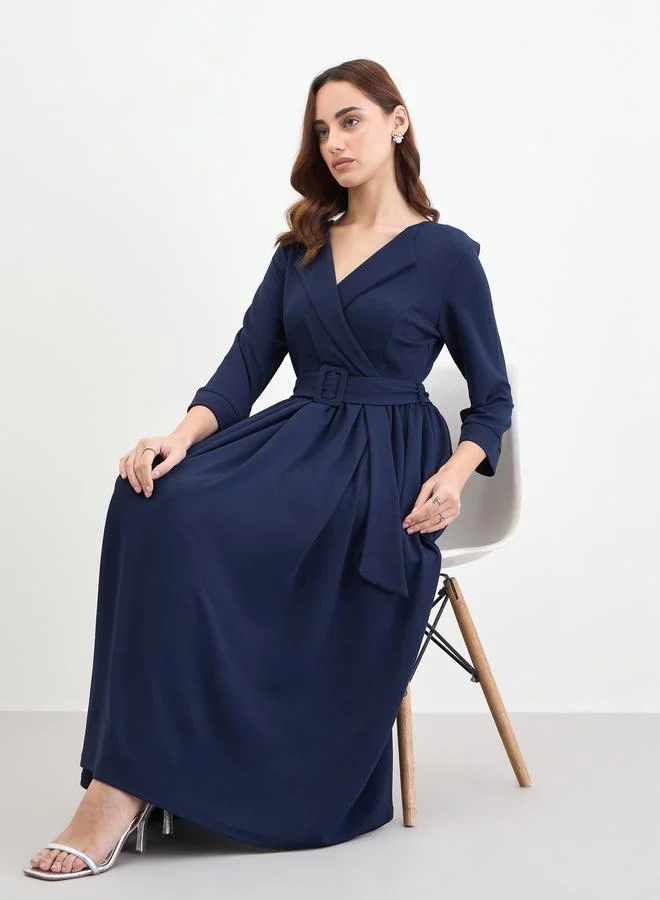 Navy Blue V-Neck Midi Dress with Belt