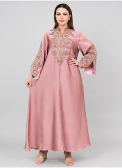 اكسا جلابية سادة مع تطريز IK1009 وردي  - Image 1