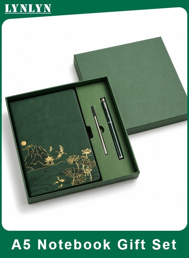 LYNLYN A5 Notebook Gift Set, Green PU Cover Journal With Matching Pen And Refill, Elegant Gold Foil Design, 100 Sheets 200 Pages, 80G Paper, Gift Box Included (21*14.6 CM) - Image 1