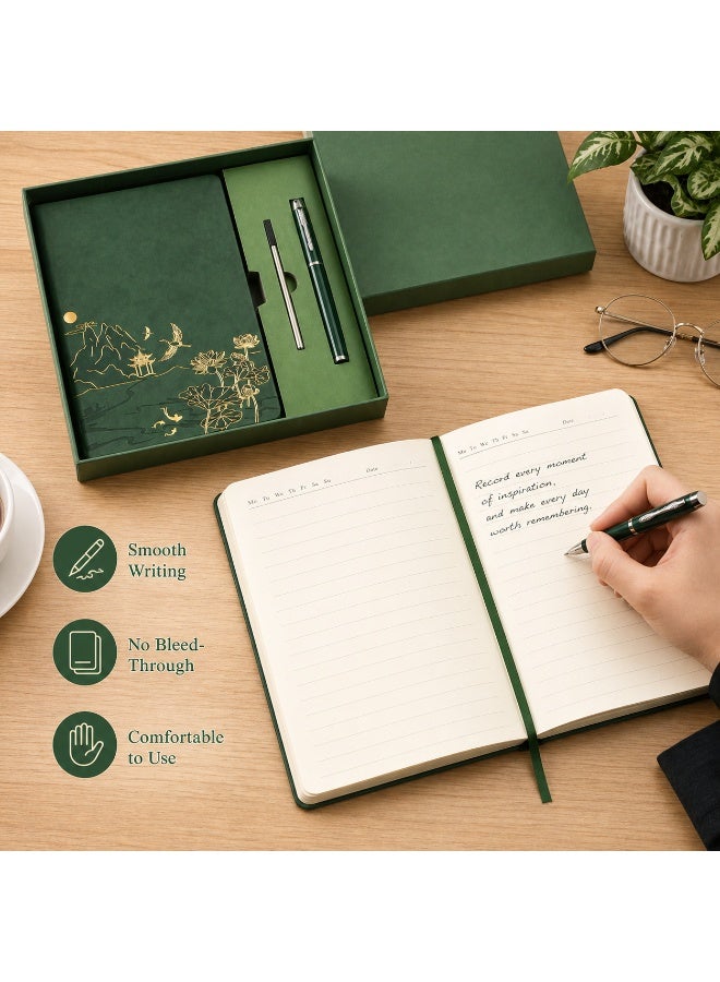 LYNLYN A5 Notebook Gift Set, Green PU Cover Journal With Matching Pen And Refill, Elegant Gold Foil Design, 100 Sheets 200 Pages, 80G Paper, Gift Box Included (21*14.6 CM) - Image 3