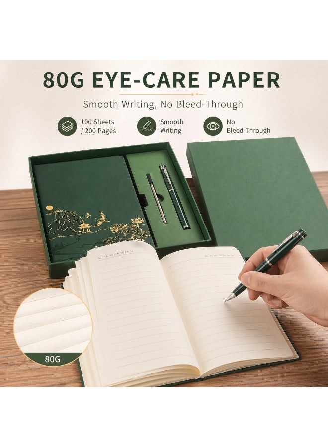 LYNLYN A5 Notebook Gift Set, Green PU Cover Journal With Matching Pen And Refill, Elegant Gold Foil Design, 100 Sheets 200 Pages, 80G Paper, Gift Box Included (21*14.6 CM) - Image 4