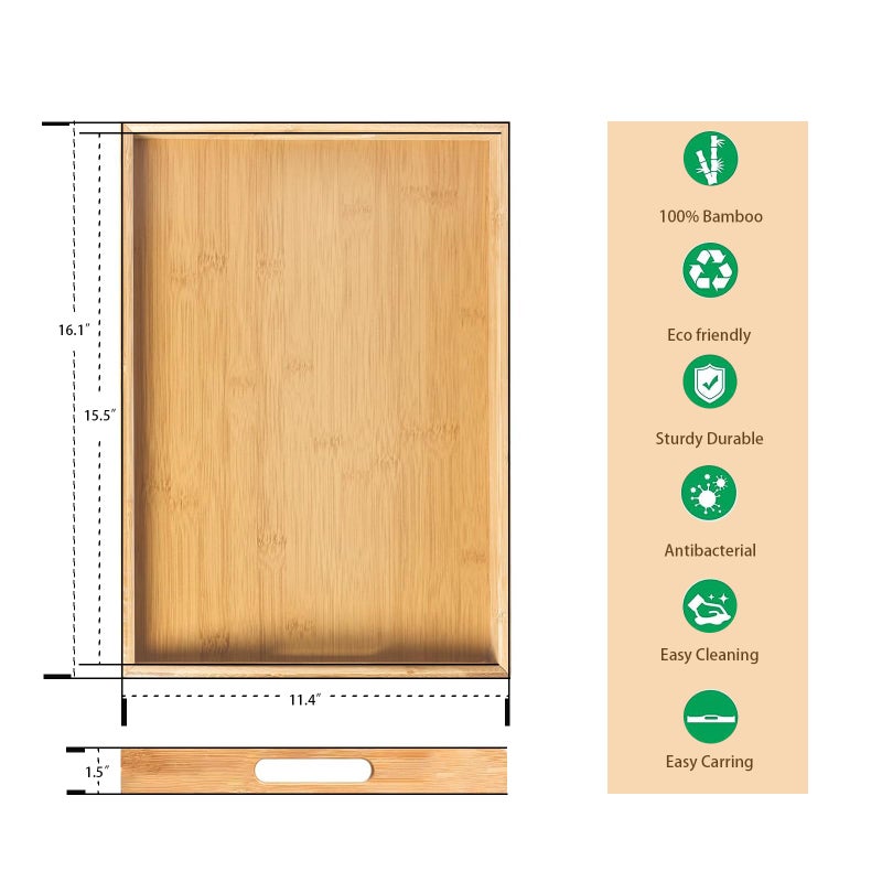 Krismax Serving Tray with Handles, Bamboo Breakfast Tray Wooden Trays Decorative Serving Platter for Eating, Working, Storing, Used in Bedroom, Kitchen, Living Room, Bathroom, Hospital and Outdoors - Image 2