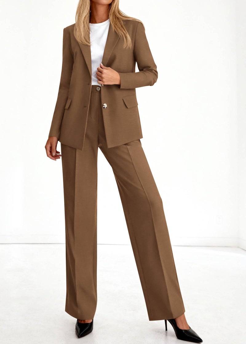 KIRUNDO Womens Suits 2 Piece Set Business Casual Blazer Jacket Wide Leg Dress Pants Suits Professional Work Office Outfits(Brown, Medium) - Image 3