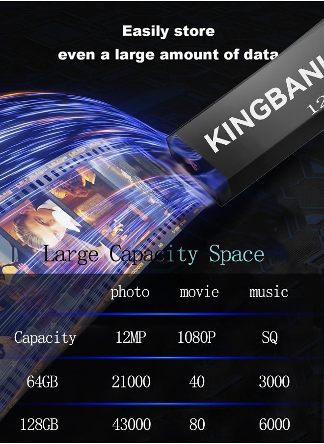 KINGBANK 128G USB3.0 Flash Drive, High-Speed ​​Storage, 40MBps Read, 30MBps Write, Compatible with Audio, Computers, TVs, Laptops, Game Consoles, Cars (128GB, Black)  - Image 3