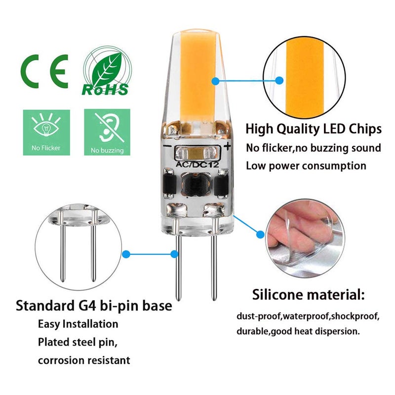 TAIYALOO مصباح LED G4 2 واط يعادل 20 واط نوع T3 JC قاعدة بي-بين G4 مصباح هالوجين، AC/DC 12V أبيض دافئ 3000K مصباح G4 للإضاءة تحت الخزائن، الأضواء السقفية، RV، القوارب، إضاءة المناظر الخارجية (10 عبوة) - Image 3