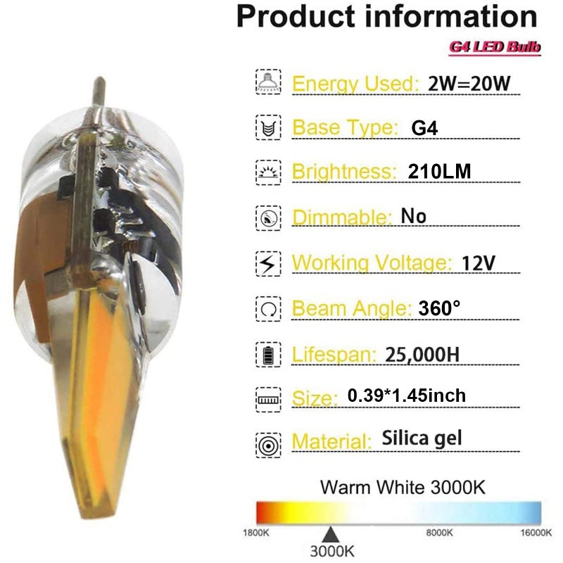 TAIYALOO مصباح LED G4 2 واط يعادل 20 واط نوع T3 JC قاعدة بي-بين G4 مصباح هالوجين، AC/DC 12V أبيض دافئ 3000K مصباح G4 للإضاءة تحت الخزائن، الأضواء السقفية، RV، القوارب، إضاءة المناظر الخارجية (10 عبوة) - Image 4