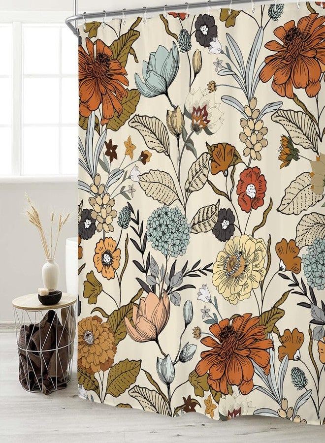 Miyotaa Flower Shower Curtain Set 60Wx71H Inches Vintage Retro Burnt Orange Blossom Botanical Plant Polyester Waterproof Cloth Bathroom Curtain with 12 Hooks - Image 2