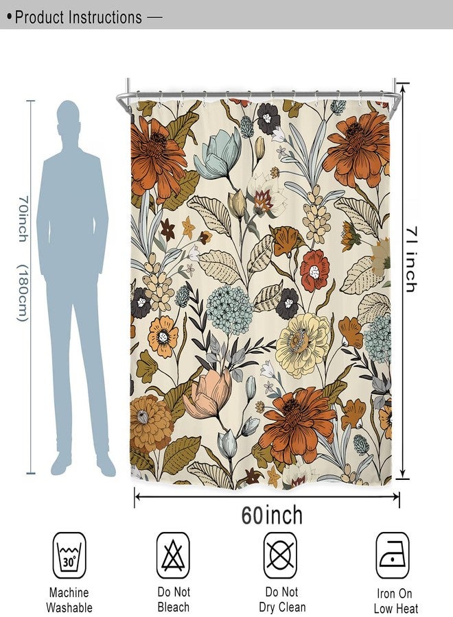 Miyotaa Flower Shower Curtain Set 60Wx71H Inches Vintage Retro Burnt Orange Blossom Botanical Plant Polyester Waterproof Cloth Bathroom Curtain with 12 Hooks - Image 3