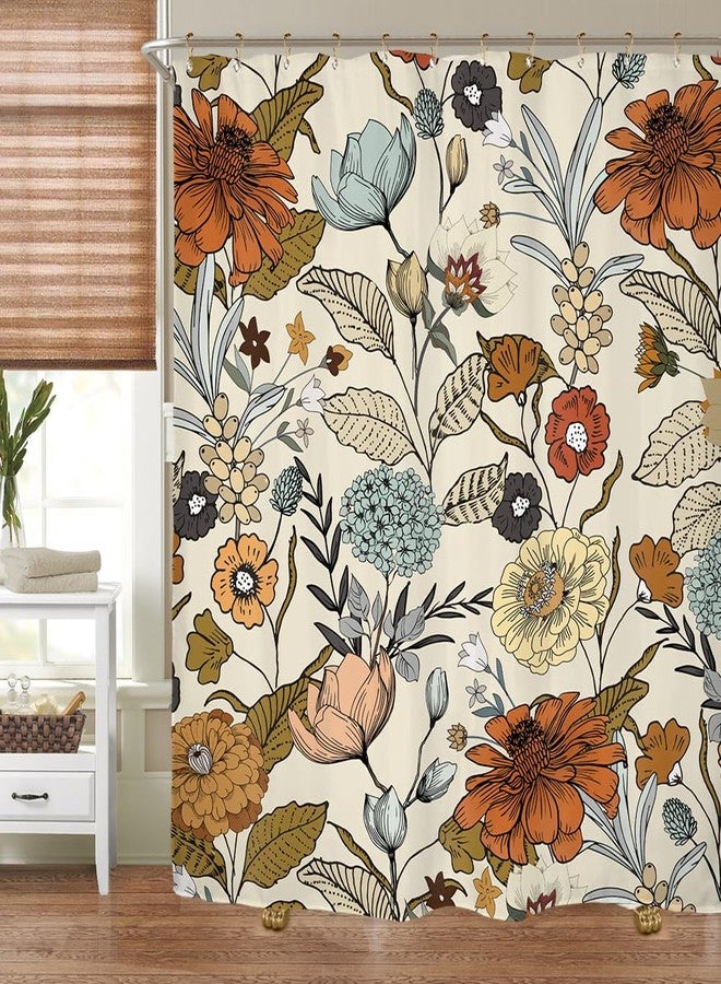 Miyotaa Flower Shower Curtain Set 60Wx71H Inches Vintage Retro Burnt Orange Blossom Botanical Plant Polyester Waterproof Cloth Bathroom Curtain with 12 Hooks - Image 5