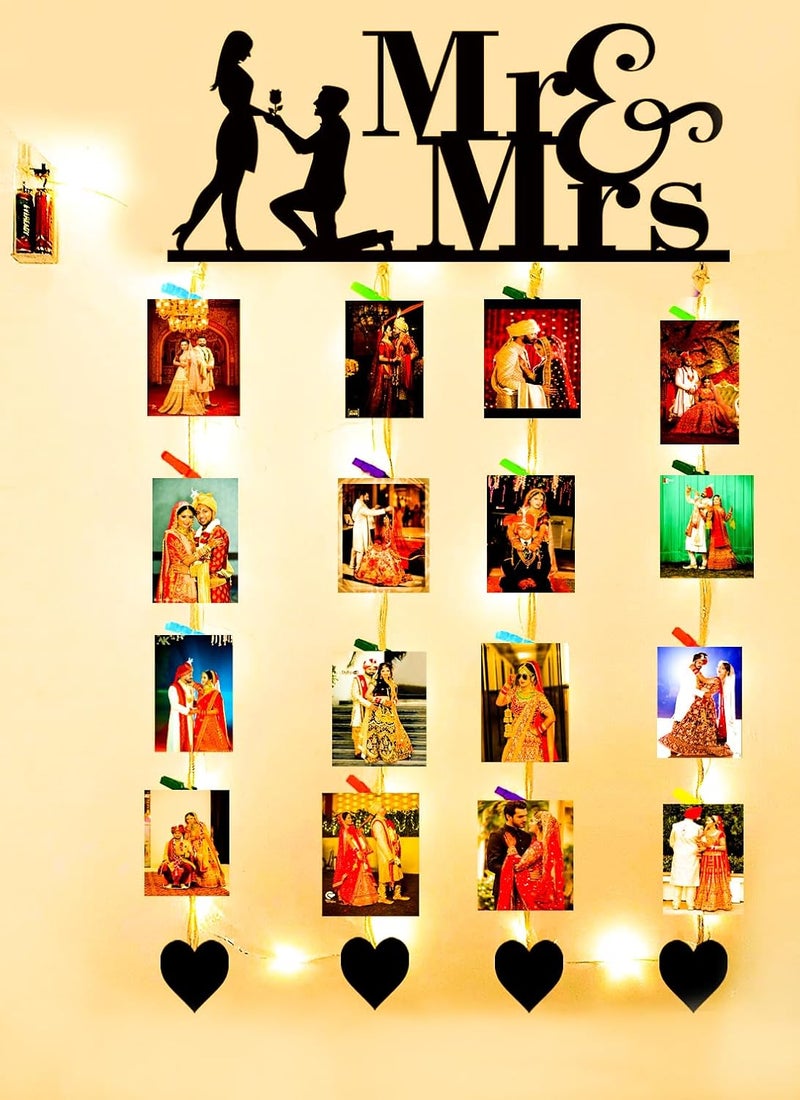 Khush Enterprise Khush Its Amazing Home Decor Wood Mr And Mrs And Heart With LED Light Hanging Photo Display DIY Picture Photo Frame Collage Set Includes Multi colour Clips - Image 1