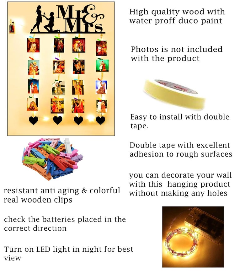Khush Enterprise Khush Its Amazing Home Decor Wood Mr And Mrs And Heart With LED Light Hanging Photo Display DIY Picture Photo Frame Collage Set Includes Multi colour Clips - Image 4