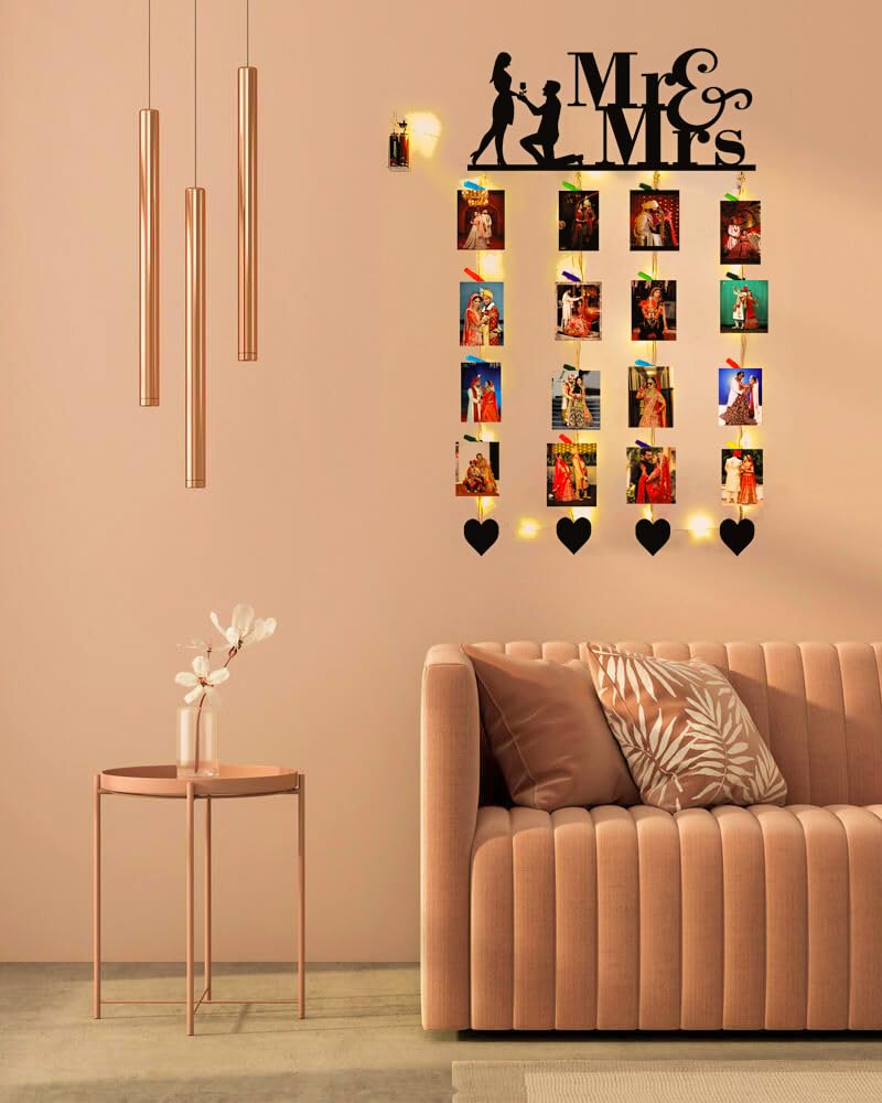 Khush Enterprise Khush Its Amazing Home Decor Wood Mr And Mrs And Heart With LED Light Hanging Photo Display DIY Picture Photo Frame Collage Set Includes Multi colour Clips - Image 3