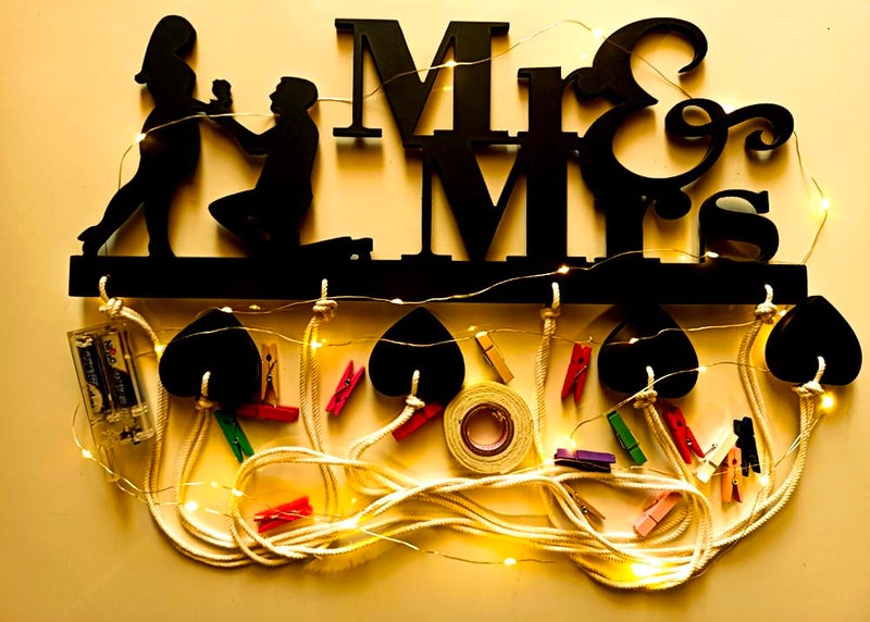 Khush Enterprise Khush Its Amazing Home Decor Wood Mr And Mrs And Heart With LED Light Hanging Photo Display DIY Picture Photo Frame Collage Set Includes Multi colour Clips - Image 5