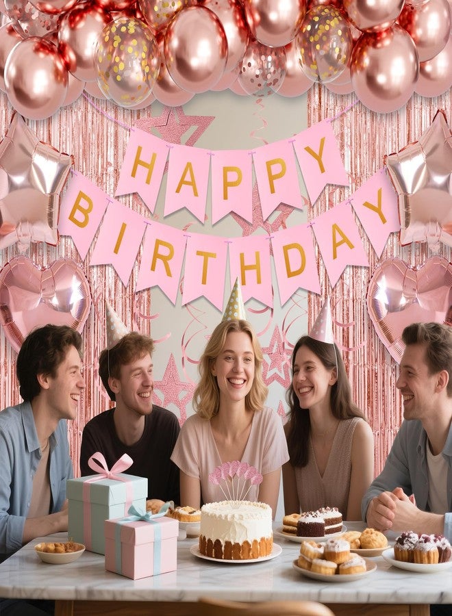 هيكجنبو زينة حفلات عيد ميلاد باللون الذهبي الوردي من HYKJNBW، لافتة عيد ميلاد سعيد، ستارة بشراشيب ذهبية وردية، بالونات كونفيتي على شكل قلوب ونجوم، دوامات معلقة لحفلات أعياد ميلاد النساء والفتيات وحفلات الأميرات - Image 4