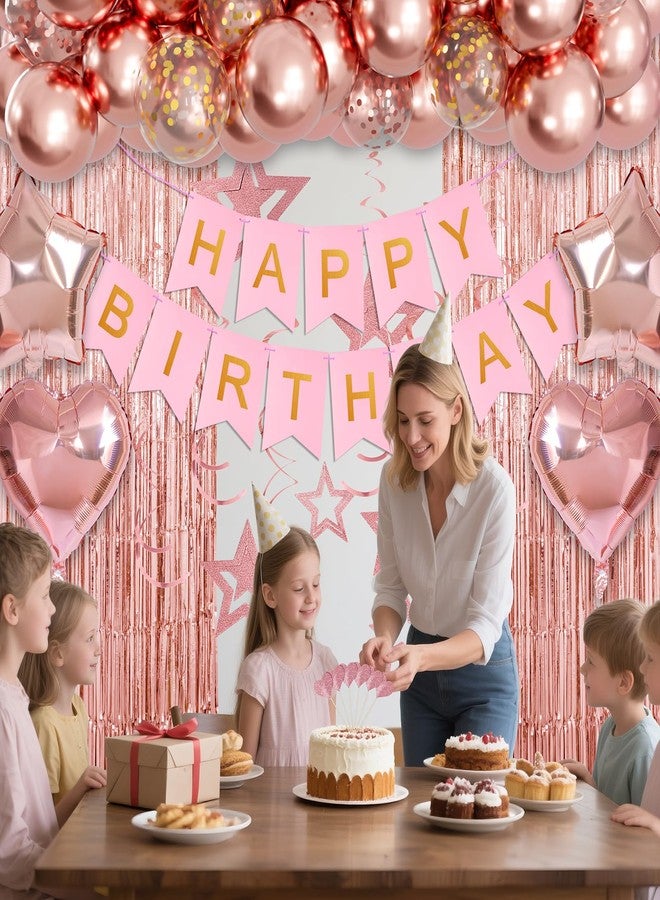 هيكجنبو زينة حفلات عيد ميلاد باللون الذهبي الوردي من HYKJNBW، لافتة عيد ميلاد سعيد، ستارة بشراشيب ذهبية وردية، بالونات كونفيتي على شكل قلوب ونجوم، دوامات معلقة لحفلات أعياد ميلاد النساء والفتيات وحفلات الأميرات - Image 3