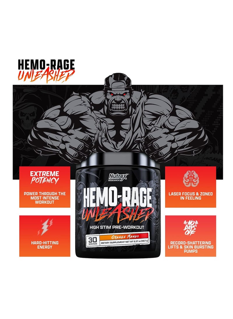 Nutrex Research - Hemo-Rage Unleashed Extreme High Stim Pre Workout Powder 180.7g Orange Mango 30 Servings - Image 1