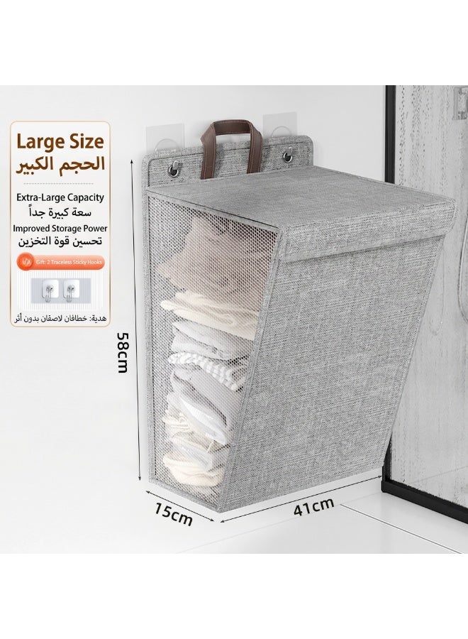 Wall Mounted Foldable Laundry Hamper(41cm X 15cm X 58cm), Large Capacity Dirty Clothes Basket with Lid, Waterproof Mesh Hanging Storage Bag for Bathroom/Washing Machine, Space-Saving - Image 3