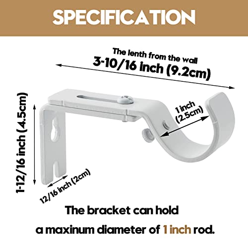 AddGrace Adjustable Curtain Rod Bracket Fits up to 1 inch Curtain Rod Sturdy Premium Brackets for Wall Set of 2 White - Image 2
