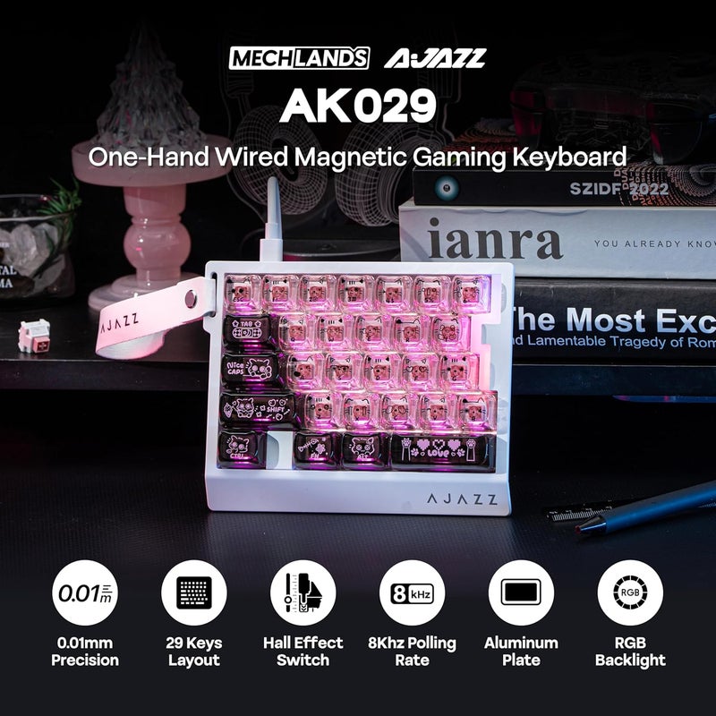 ميكلاندز ��وحة مفاتيح ألعاب بيد واحدة من ميكلاندز AJAZZ AK029، معدل استقصاء 8 كيلو هرتز، 29 مفتاحًا سلكيًا سريعًا، SOCD و DKS، مفتاح مغناطيسي، تشغيل قابل للتعديل، إضاءة خلفية RGB، لوحة ألومنيوم (أسود وردي) - Image 2