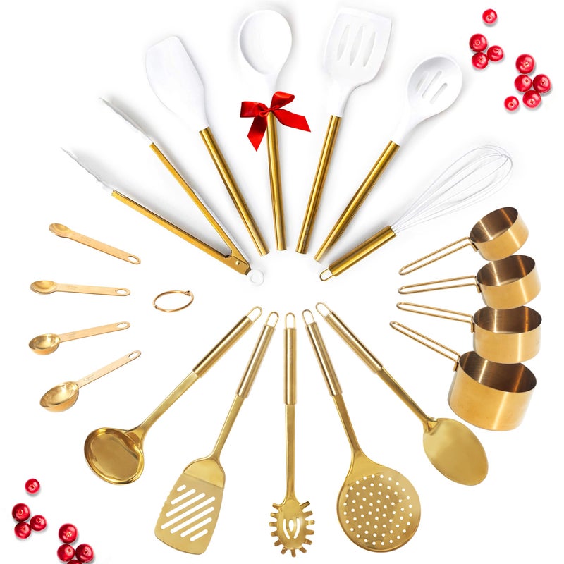Gold Kitchen Utensils Set  19Piece Set Includes Stainless Steel Gold Utensils White Silicone Tools and Measuring Cups and Spoons  Luxury Kitchen Accessories for Modern Cooking Serving  Gifting