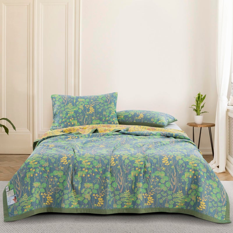 Purefair 100% Cotton Muslin Botanical Blanket Jacquard Floral Plants Pattern Quilt, Soft Bed Cover Lightweight Breathable Gauzy Reversible Bedspread Coverlet Bedding Twin(59"x94"), No Pillow Sham - Image 1