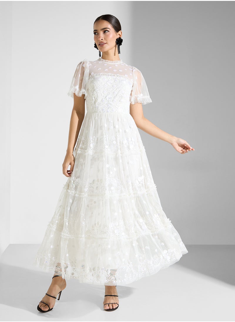 Maya Floral Embroidered High Neck Tiered Maxi Dress Wit  - Image 1
