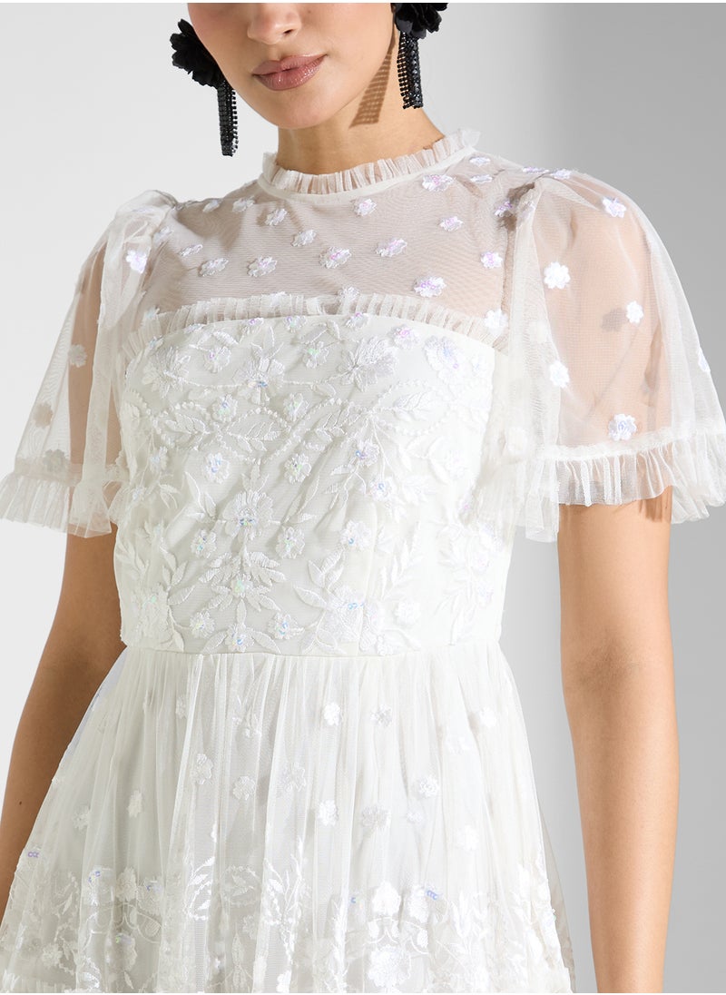 Maya Floral Embroidered High Neck Tiered Maxi Dress Wit  - Image 3