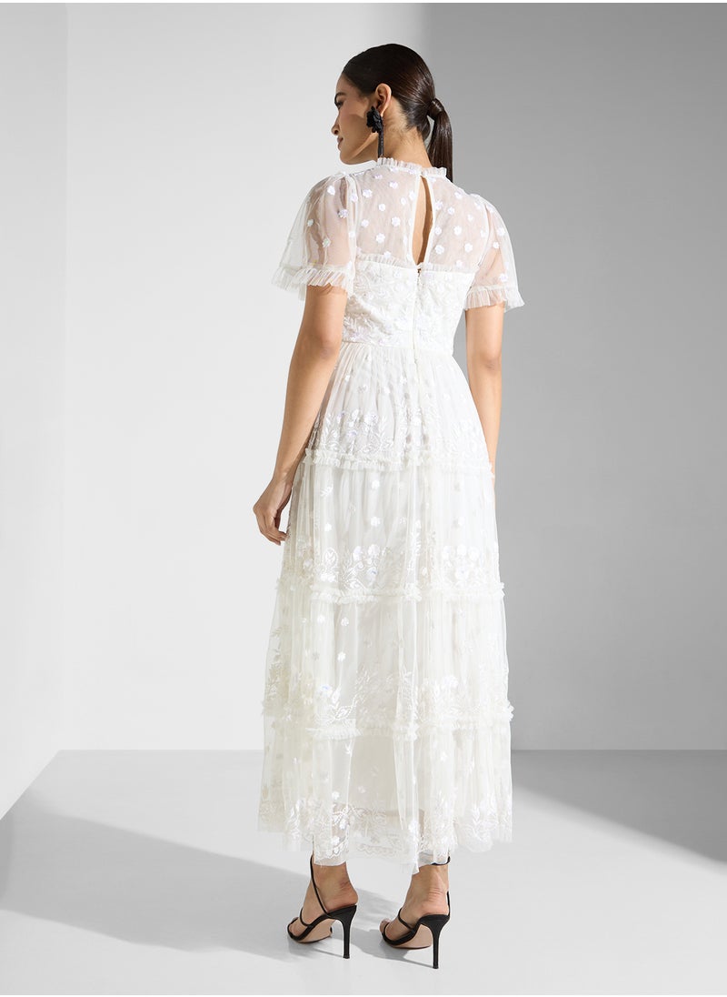 Maya Floral Embroidered High Neck Tiered Maxi Dress Wit  - Image 2