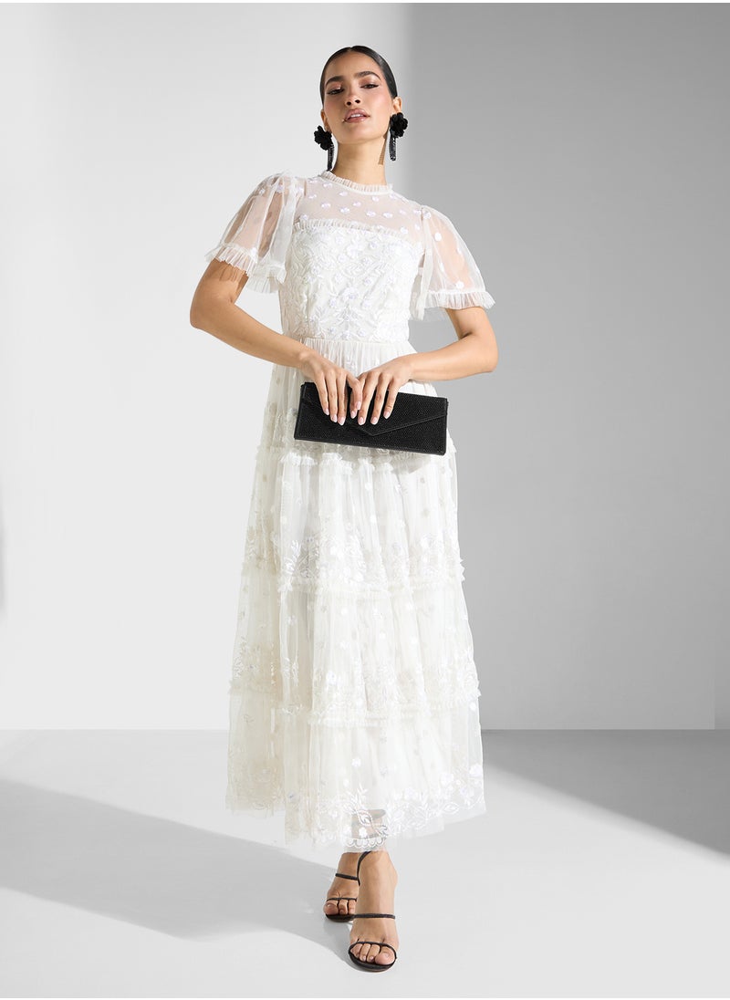 Maya Floral Embroidered High Neck Tiered Maxi Dress Wit  - Image 4