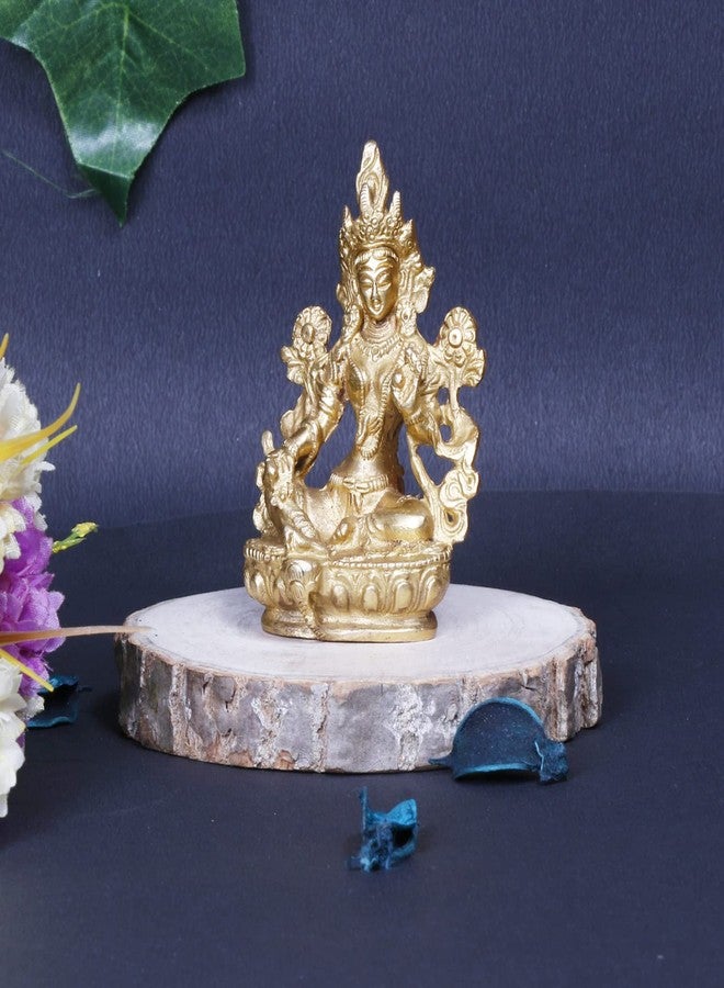 ARTVARKO Brass Goddess Tara Devi Sitting Idol Tibetan Buddhist Goddess Green Tara Decorative Sculpture - 3.5 Inches - Image 1
