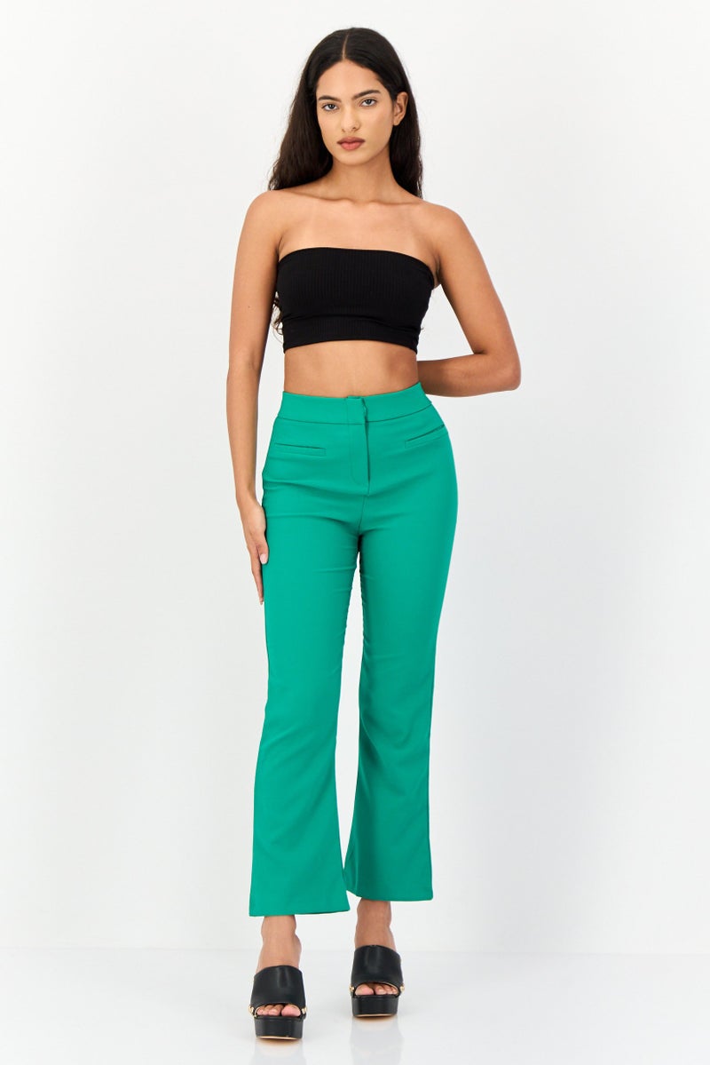 KOTON Women Regular Fit Solid Flare Pants, Green - Image 3