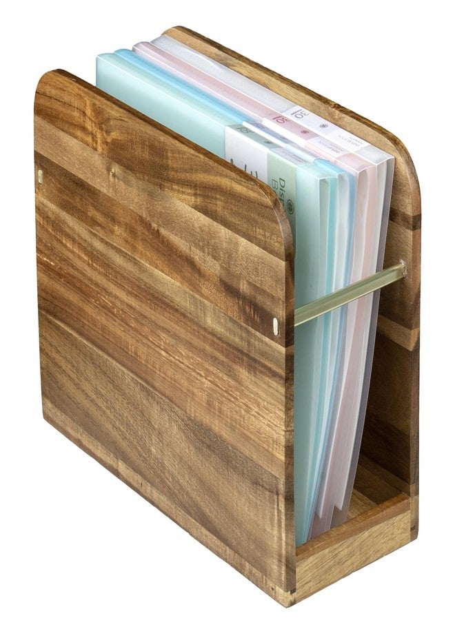 ماي جيفت حامل مجلات من خشب الأكاسيا الصلب من سلسلة فنادق ماي جيفت بريميوم، يُوضع على الطاولة، مع لمسة معدنية بلون النحاس، رف خشبي قائم بذاته للمجلات والصحف والملفات. - Image 1