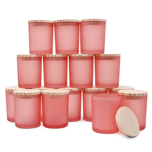 SHOWIN Thick Candle Jars for Making Candles 16 Pcs, 7 OZ Empty Jars with Wood Lids for Candle Making, Sample Container, Frosted Pink - Image 1