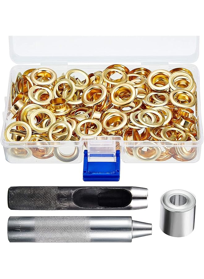PROMASS promass Grommet Tool Kit, Grommet Setting Tool and 100 Sets Grommets Eyelets Portable Grommet Hand Press Kit for Leather Clothes Shoes Fabric Belts with Storage Box Gold, 1/2 Inch Inside Diameter  - Image 1
