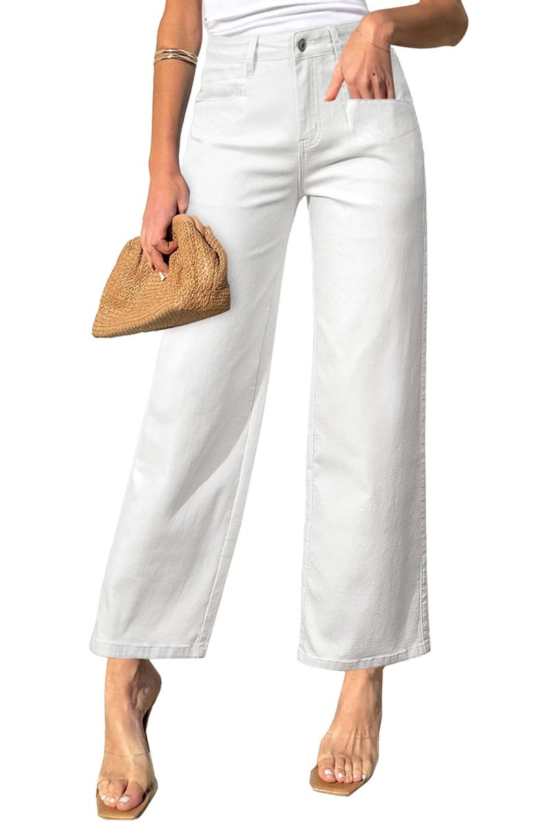 Sidefeel Jeans for Women Wide Leg High Waisted Stretchy Jeans Straight Leg Zimbaplatinum Ankle Denim Pants with Slant Pockets White Size 6 - Image 1
