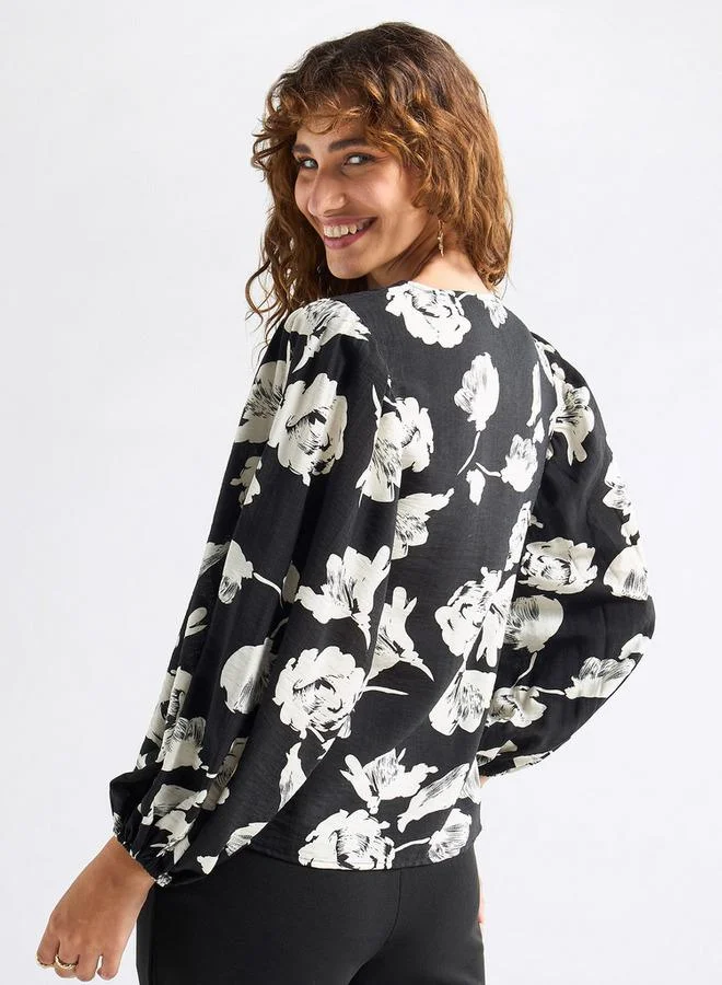 Splash FAV All-Over Floral Print Crew Neck Top with Volume Sleeves