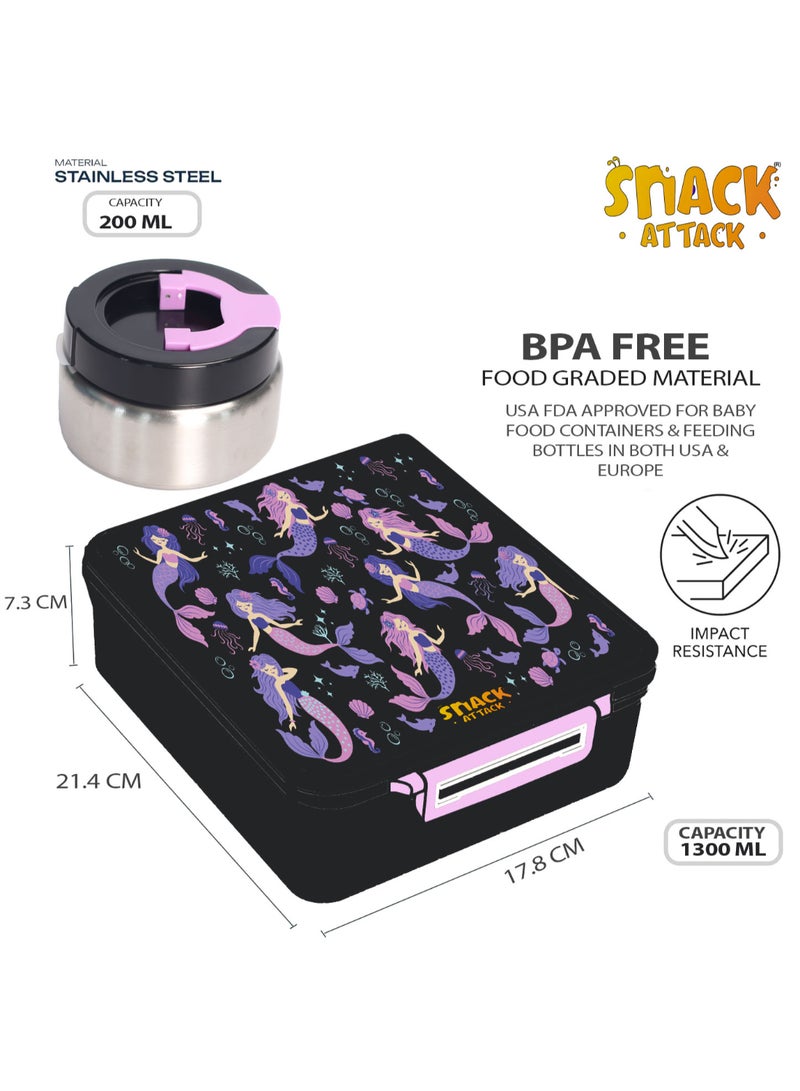 Snack Attack Mermaid Kids Bento Lunch Box with Thermos Jar – 4-Compartment Stainless Steel Leakproof Lunchbox with Silicone Seal – Cute Mermaid Artwork – Keeps Food Hot up to 5 Hrs – BPA-Free - Image 3