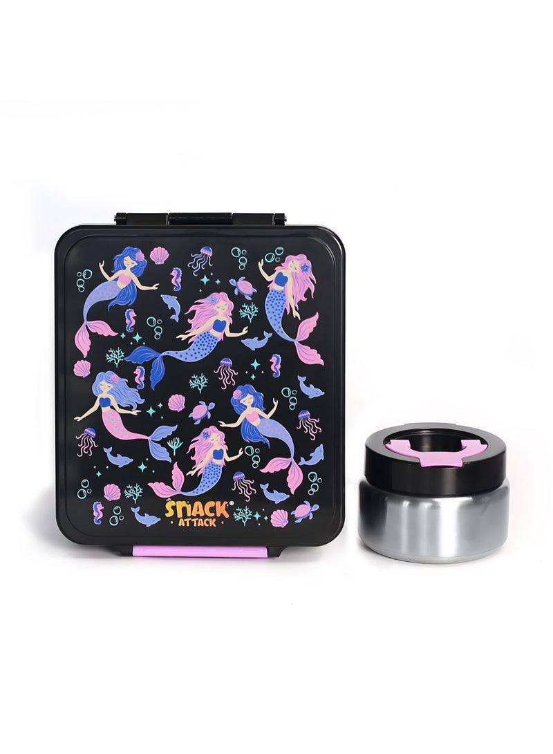 Snack Attack Mermaid Kids Bento Lunch Box with Thermos Jar – 4-Compartment Stainless Steel Leakproof Lunchbox with Silicone Seal – Cute Mermaid Artwork – Keeps Food Hot up to 5 Hrs – BPA-Free - Image 2