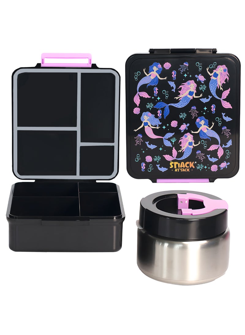 Snack Attack Mermaid Kids Bento Lunch Box with Thermos Jar – 4-Compartment Stainless Steel Leakproof Lunchbox with Silicone Seal – Cute Mermaid Artwork – Keeps Food Hot up to 5 Hrs – BPA-Free - Image 1