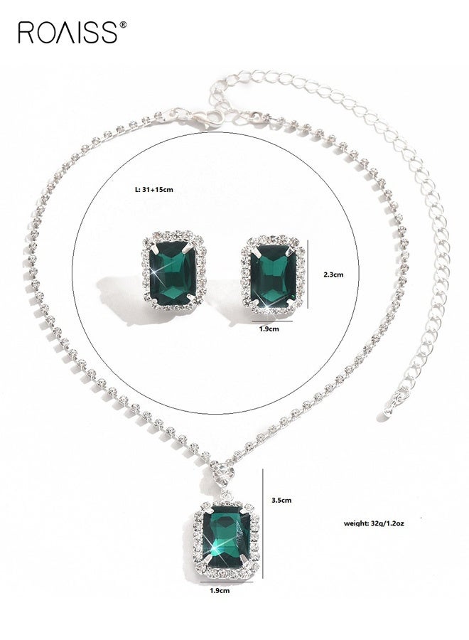 roaiss Emerald Green Jewelry Sets for Women, Necklace and Earring Sets for Ladies, Silver and Green Square Pendant Necklace and Earings for Wedding Prom, Anniversary - Image 2