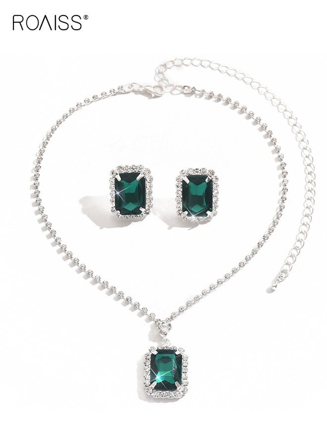 roaiss Emerald Green Jewelry Sets for Women, Necklace and Earring Sets for Ladies, Silver and Green Square Pendant Necklace and Earings for Wedding Prom, Anniversary - Image 1