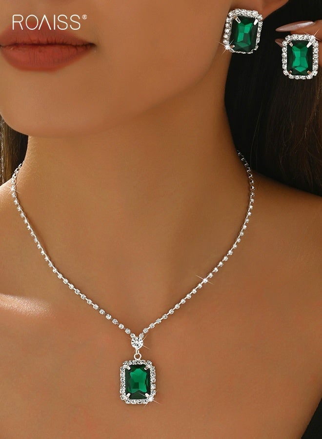 roaiss Emerald Green Jewelry Sets for Women, Necklace and Earring Sets for Ladies, Silver and Green Square Pendant Necklace and Earings for Wedding Prom, Anniversary - Image 3