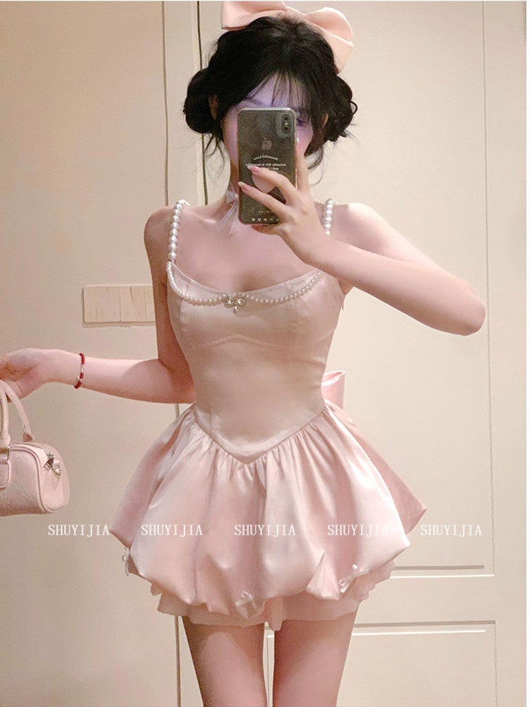 SYJ/Shuyijia, slightly plump mm French sweet pink pearl spaghetti strap dress, women's waist-cinching flower bud A-line short skirt - Image 1