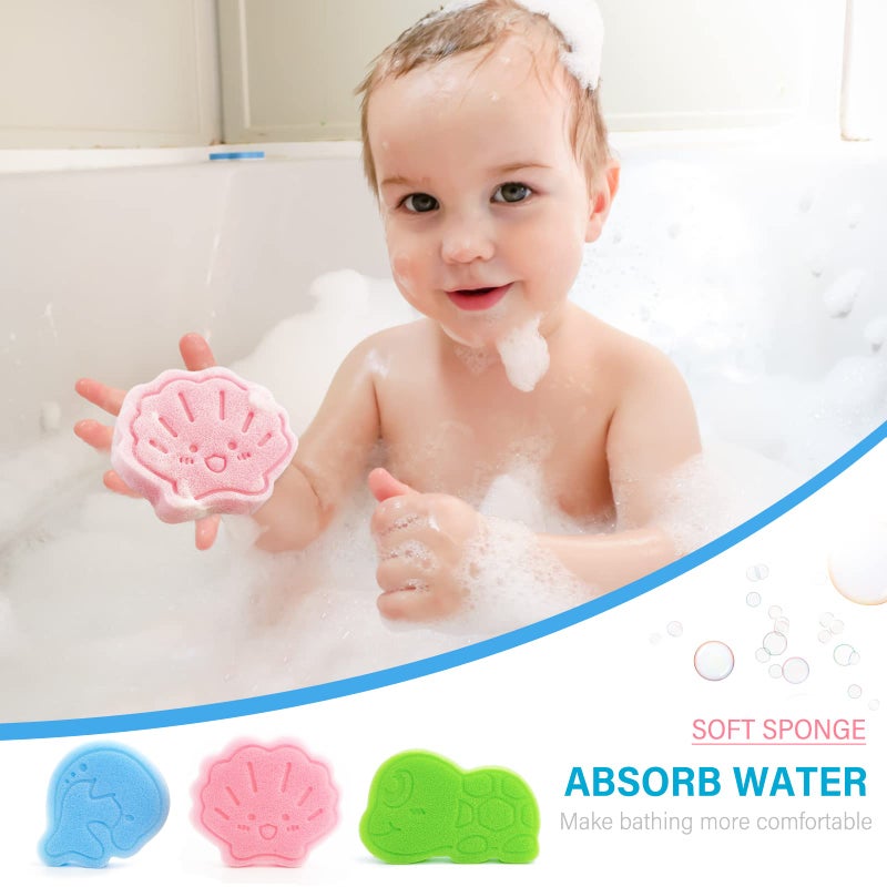 DANCELF Baby Bath Sponge, Natural Cute Shapes Soft Shower Sponges for Bathing, Bathtub Foam for Infants and Toddler, 3pcs : Blue Dolphin, Pink Shell, Green Turtle - Image 3